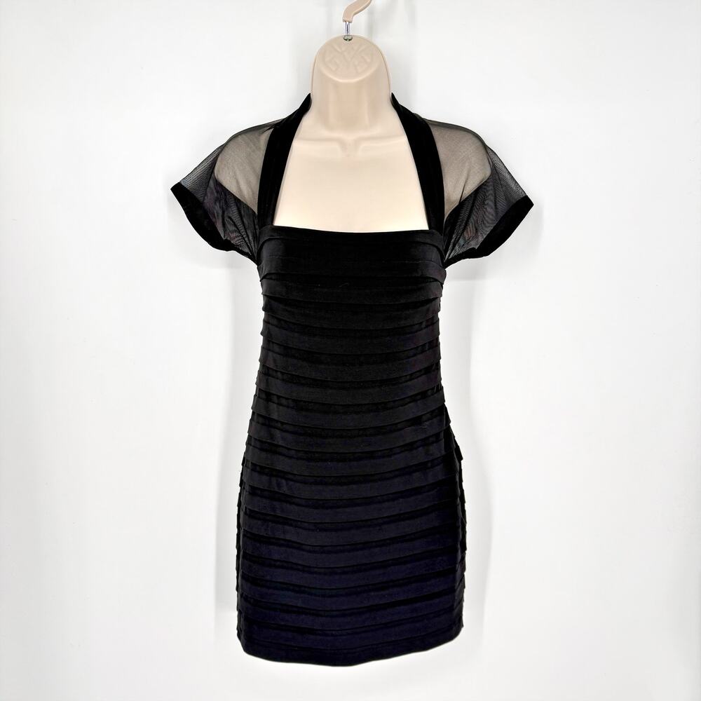 Maggy London Sheer Illusion Back Pleated Dress Sz 6 Black Sheath Tiered Lined